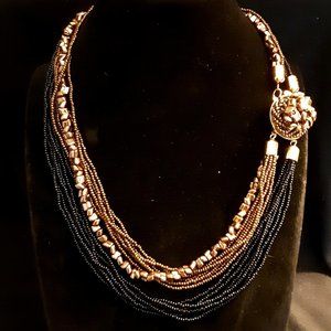 Vintage Italian Multistrand Beaded Necklace - Black/Gold, 19' with Beaded Clasp